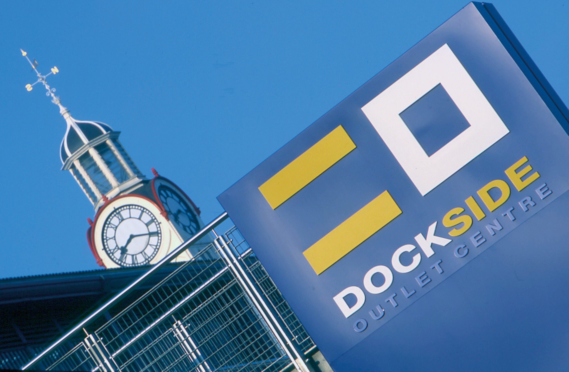 Dockside Outlet Centre exterior with large clock tower
